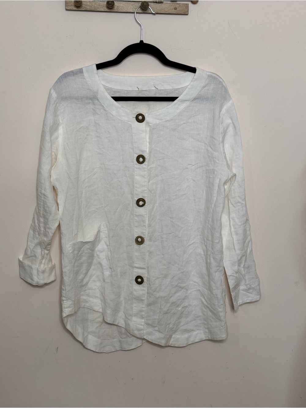 Go Silk White Linen Lagenlook Button-Front Shirt Small